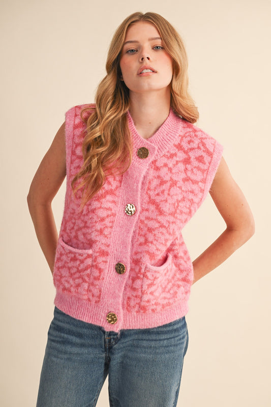 Leopard Knit Sweater Vest - Pink