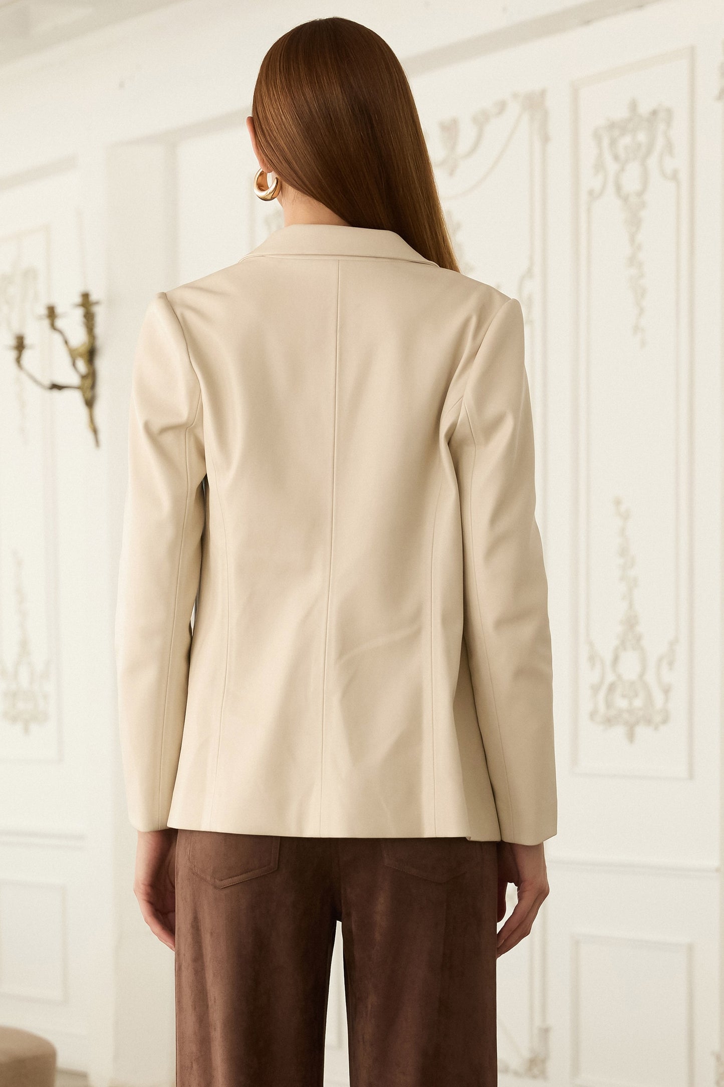 Faux Leather Open Blazer In Ivory