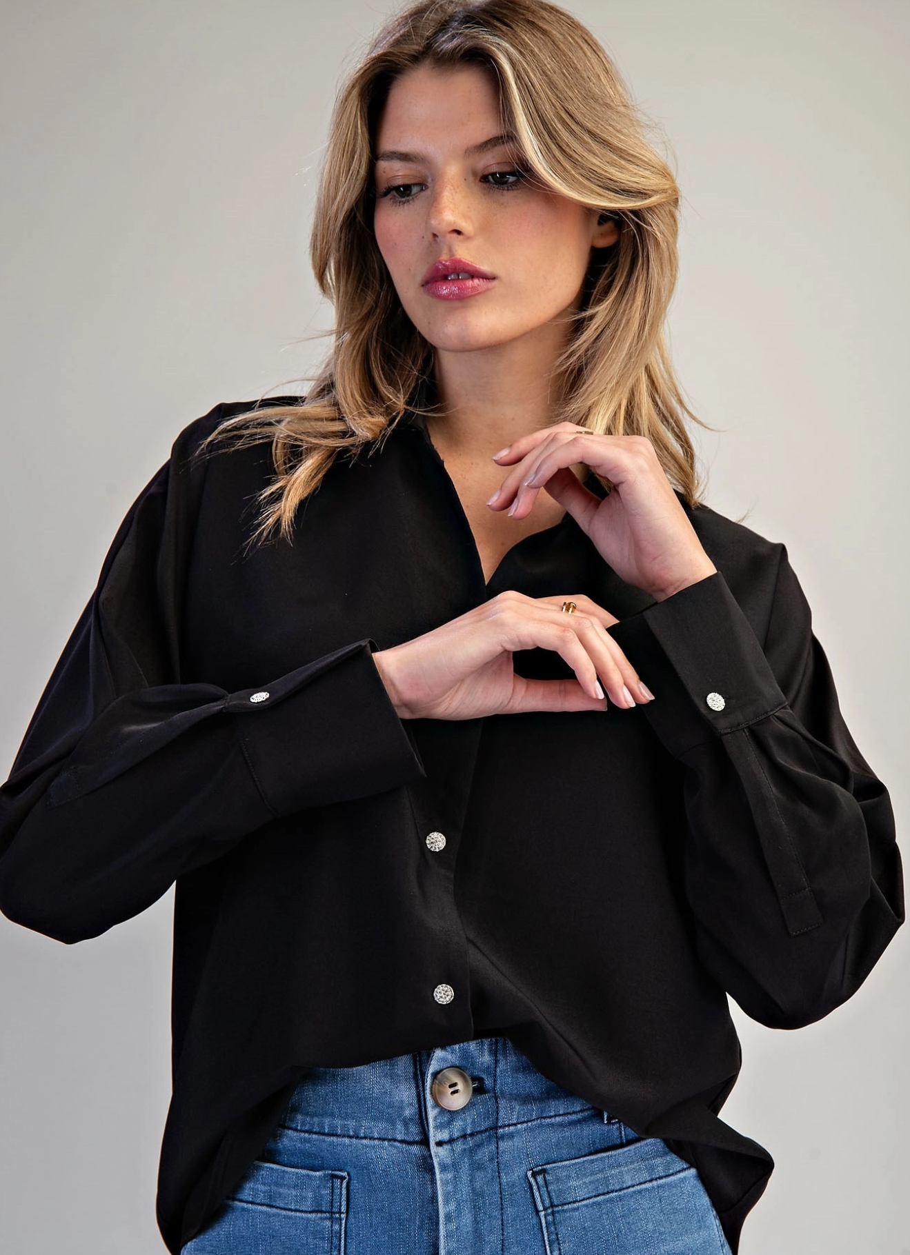 Button Down Long Sleeve Blouse Black