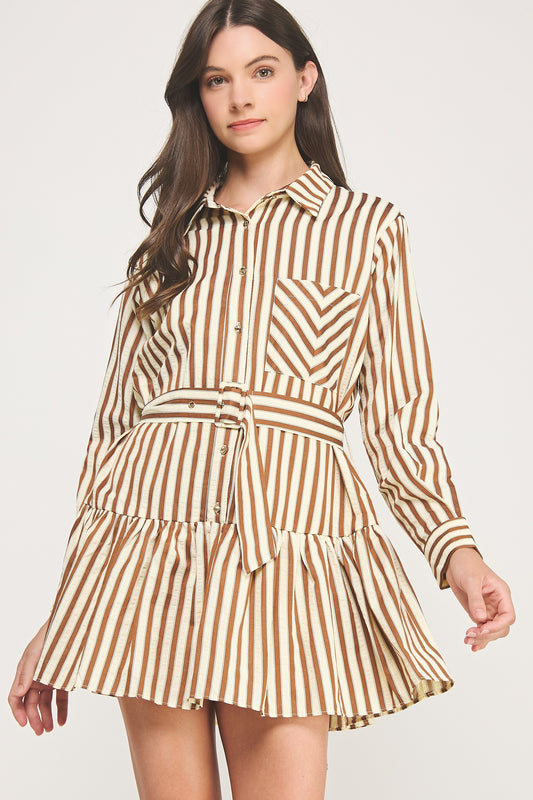 Striped Button Down Belted Dress