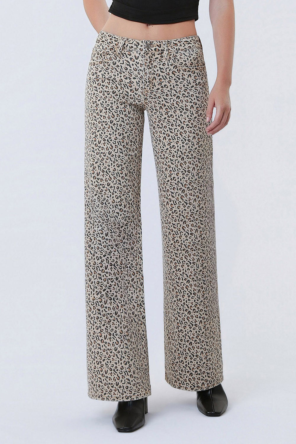 Mid Rise Full Length Leopard Print Wide Leg Jeans