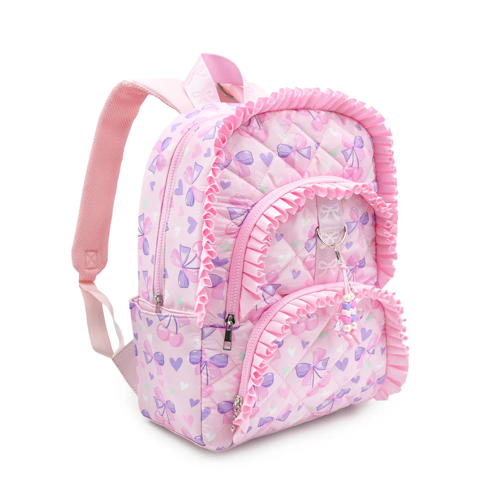 Cherry Bow Printed Ruffle Quilted Large Backpack