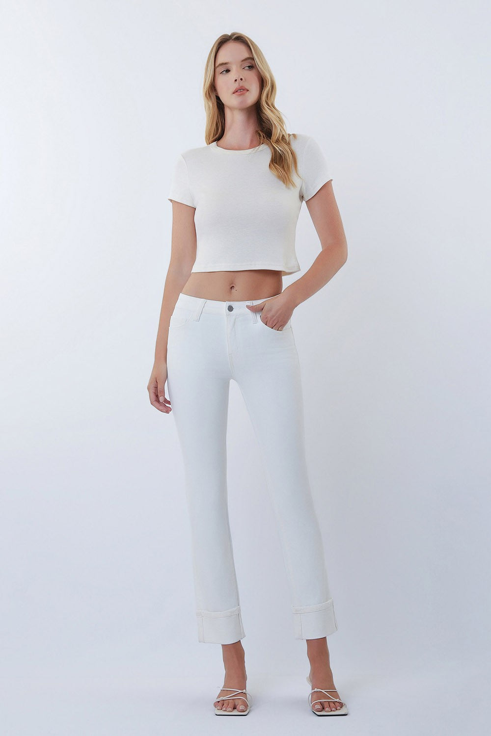 Mid Rise Cuffed Crop Slim Straight Jeans - White