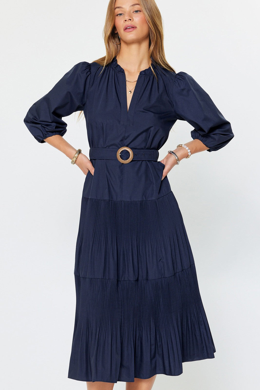 Navy Belted Midi Dress