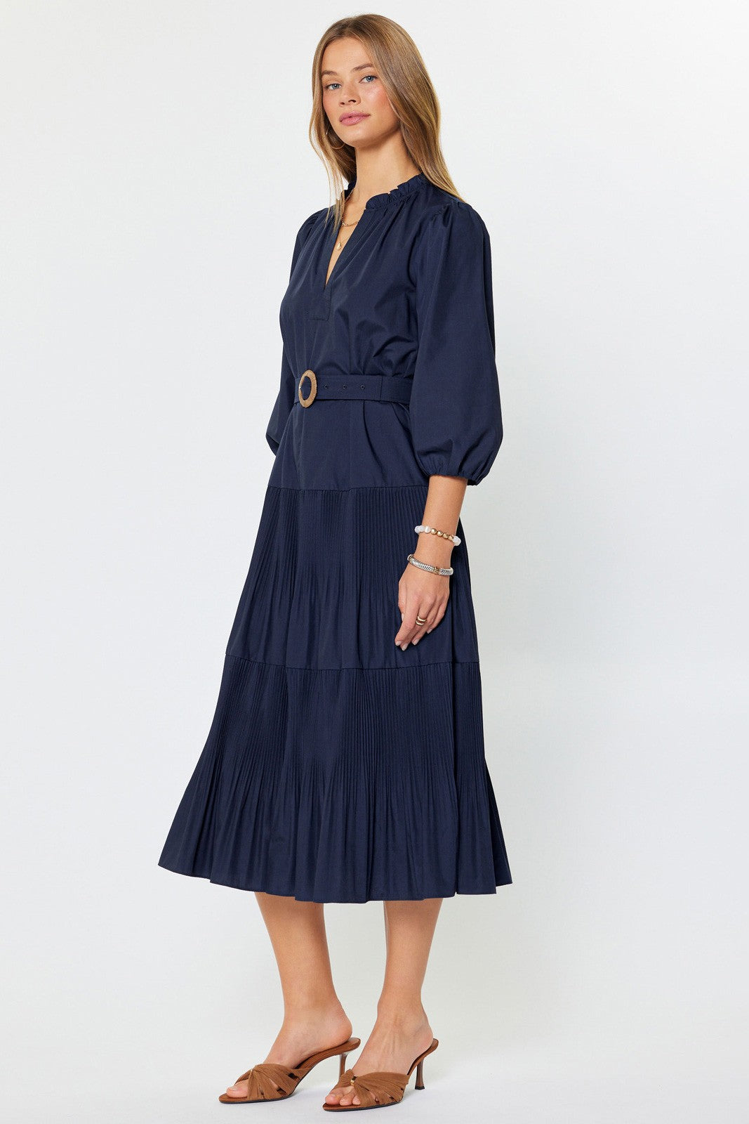 Navy Belted Midi Dress