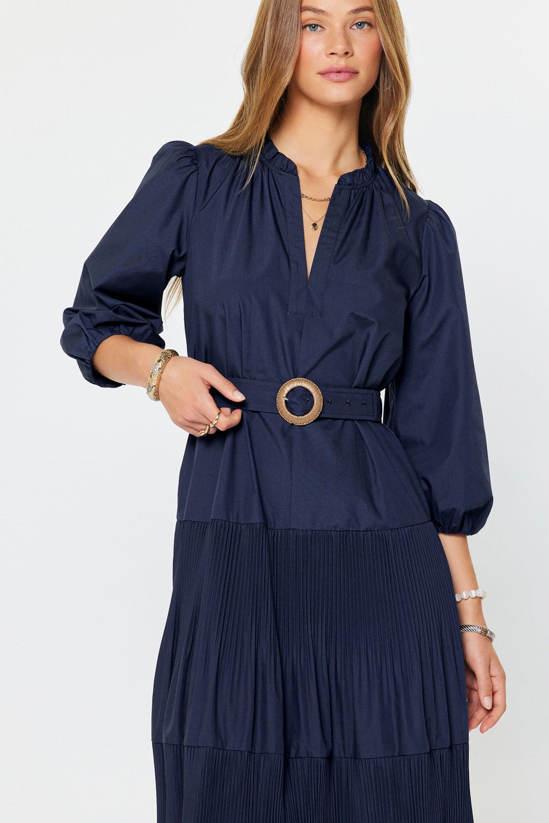 Navy Belted Midi Dress
