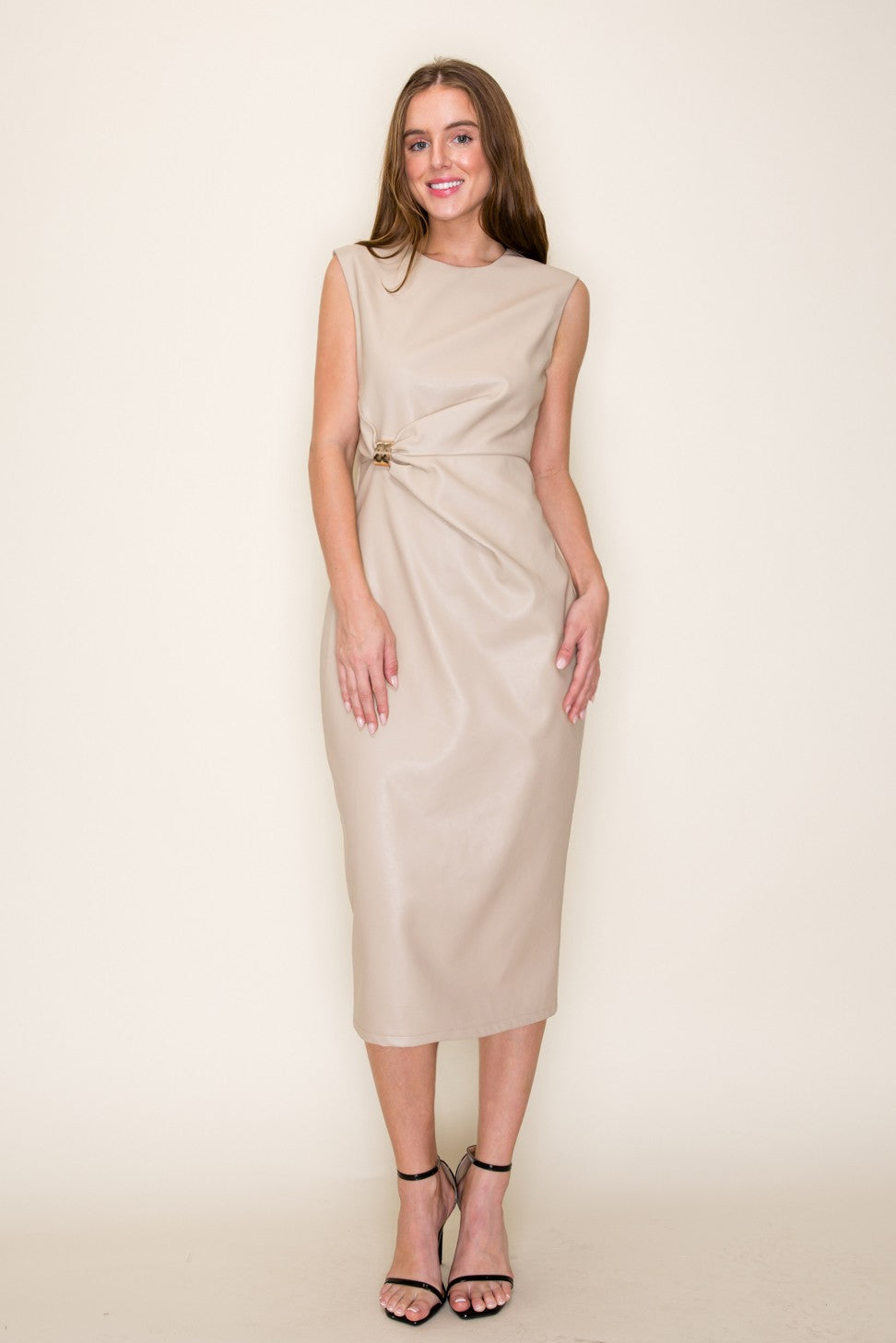 Faux Leather Midi Dress - Beige