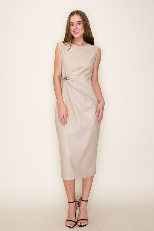Faux Leather Midi Dress - Beige