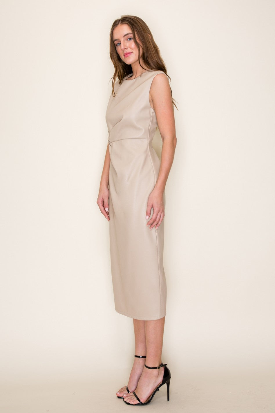 Faux Leather Midi Dress - Beige