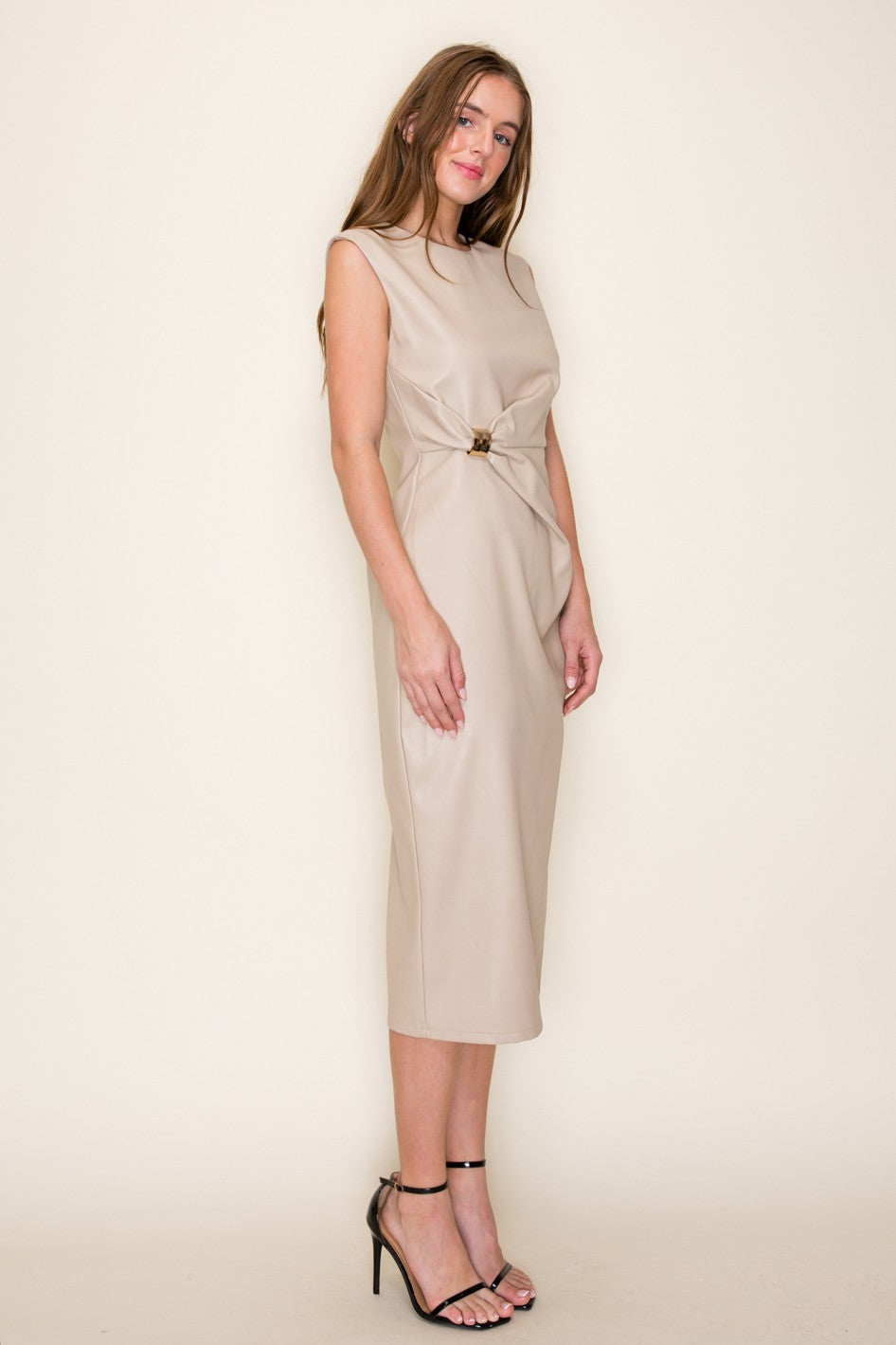 Faux Leather Midi Dress - Beige