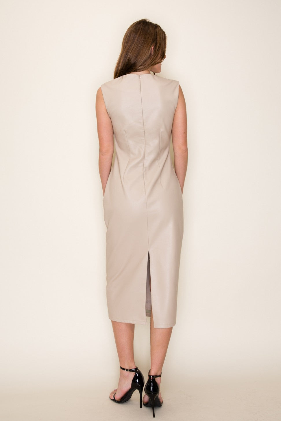 Faux Leather Midi Dress - Beige