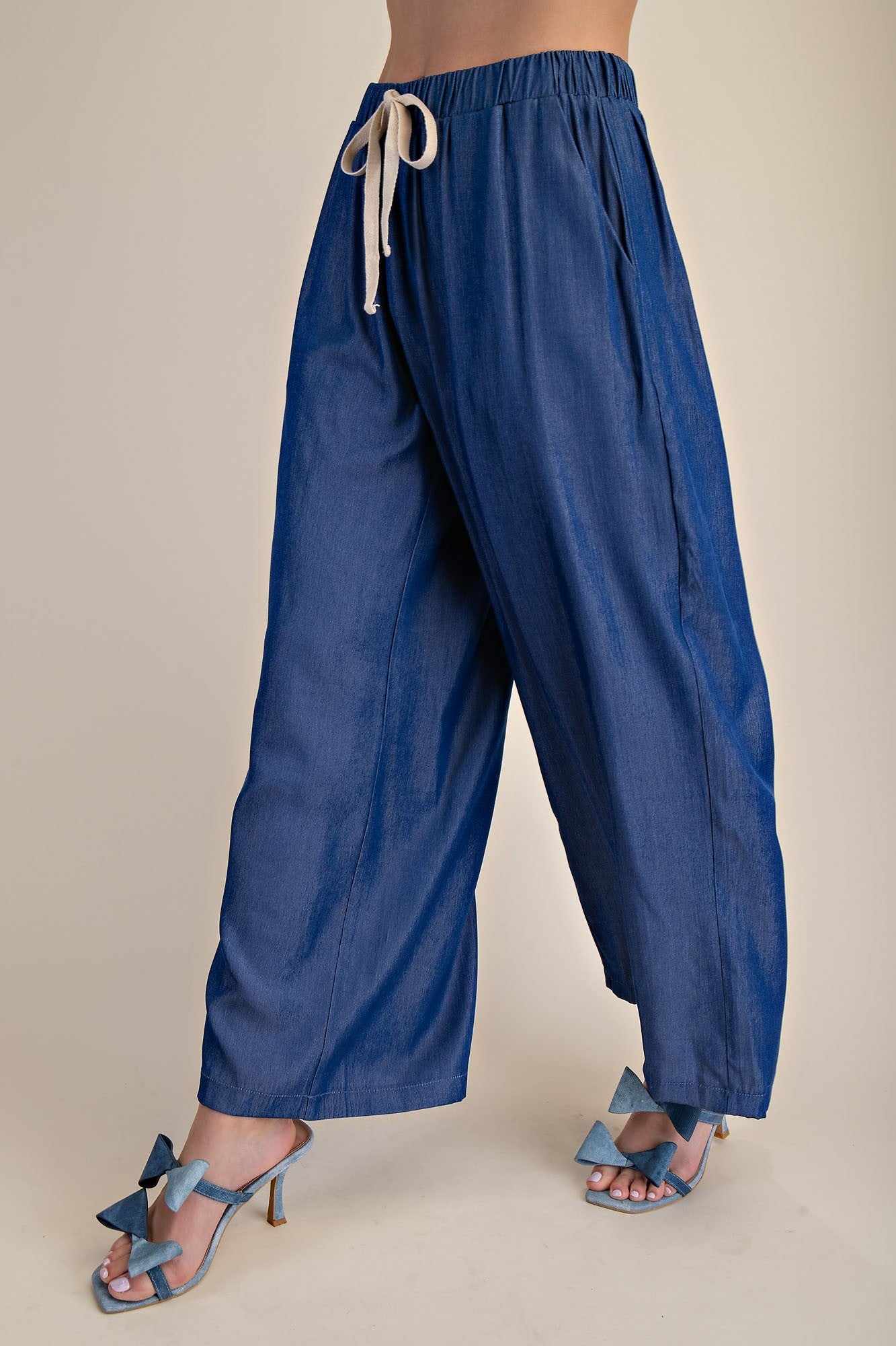 Elastic Band Drawstring Wide Pants - Indigo