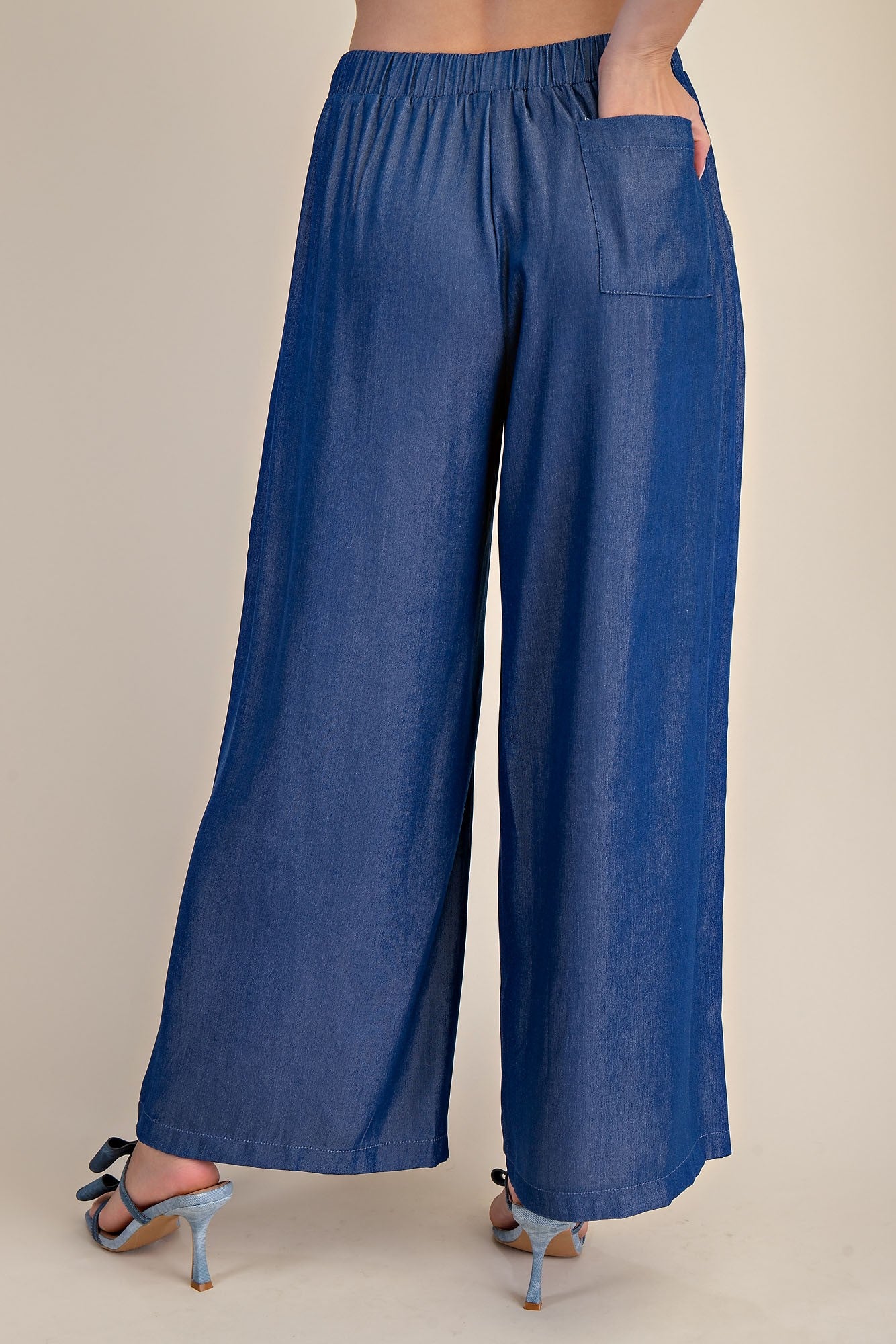 Elastic Band Drawstring Wide Pants - Indigo