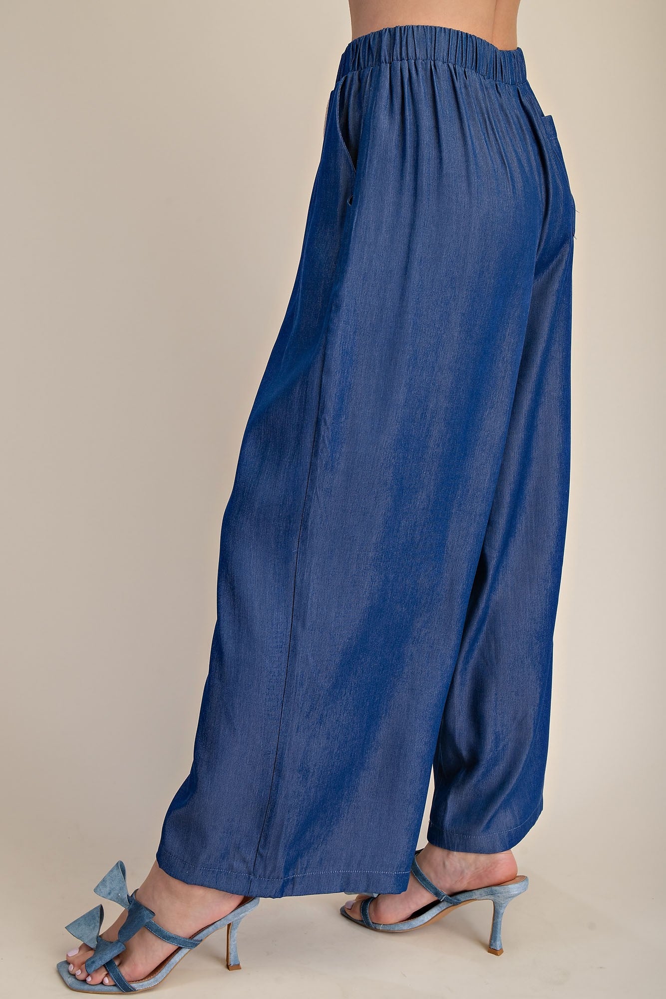 Elastic Band Drawstring Wide Pants - Indigo
