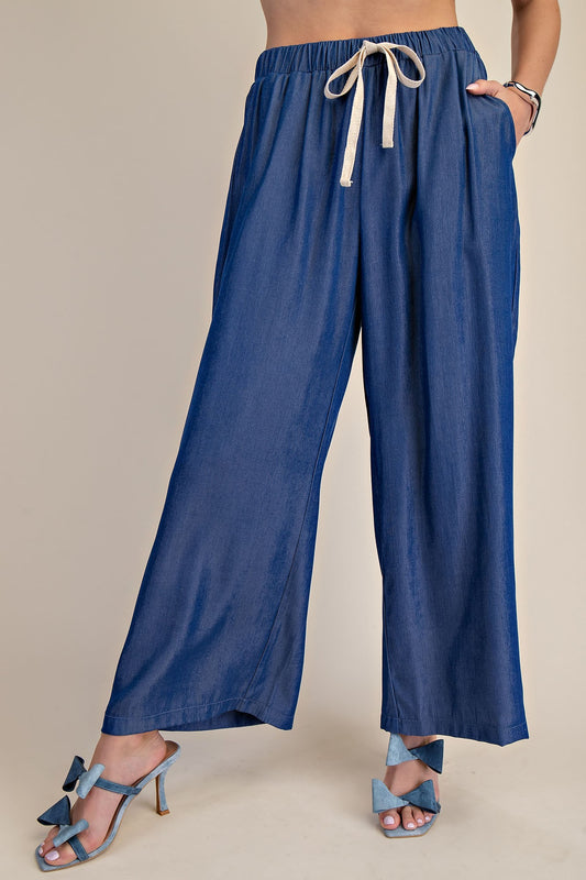 Elastic Band Drawstring Wide Pants - Indigo