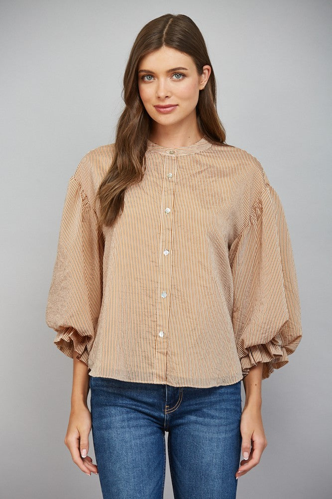 Pinstripe Voluminous Bubble Sleeve Blouse