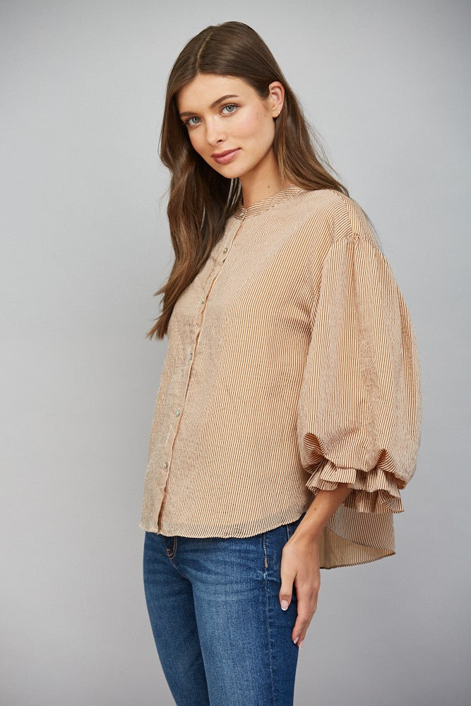 Pinstripe Voluminous Bubble Sleeve Blouse
