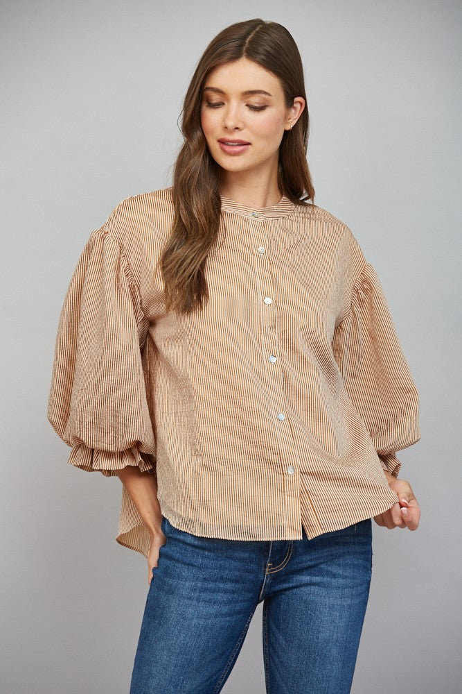 Pinstripe Voluminous Bubble Sleeve Blouse