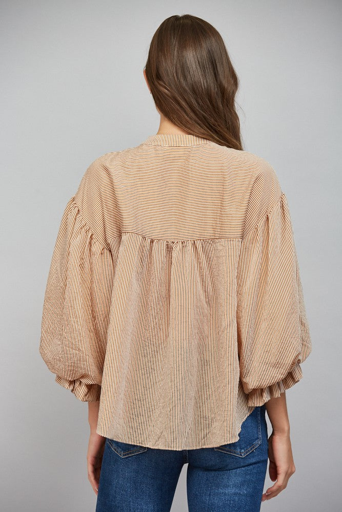 Pinstripe Voluminous Bubble Sleeve Blouse