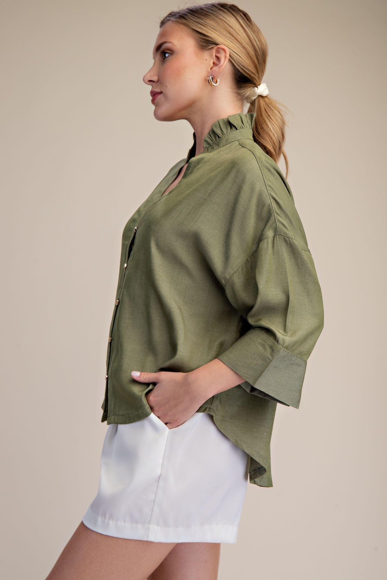 Ruffle V-neck Wide Short Sleeves Shirt - Sage