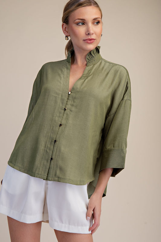 Ruffle V-neck Wide Short Sleeves Shirt - Sage
