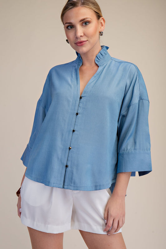 Ruffle V-neck Wide Short Sleeves Shirt - Sky