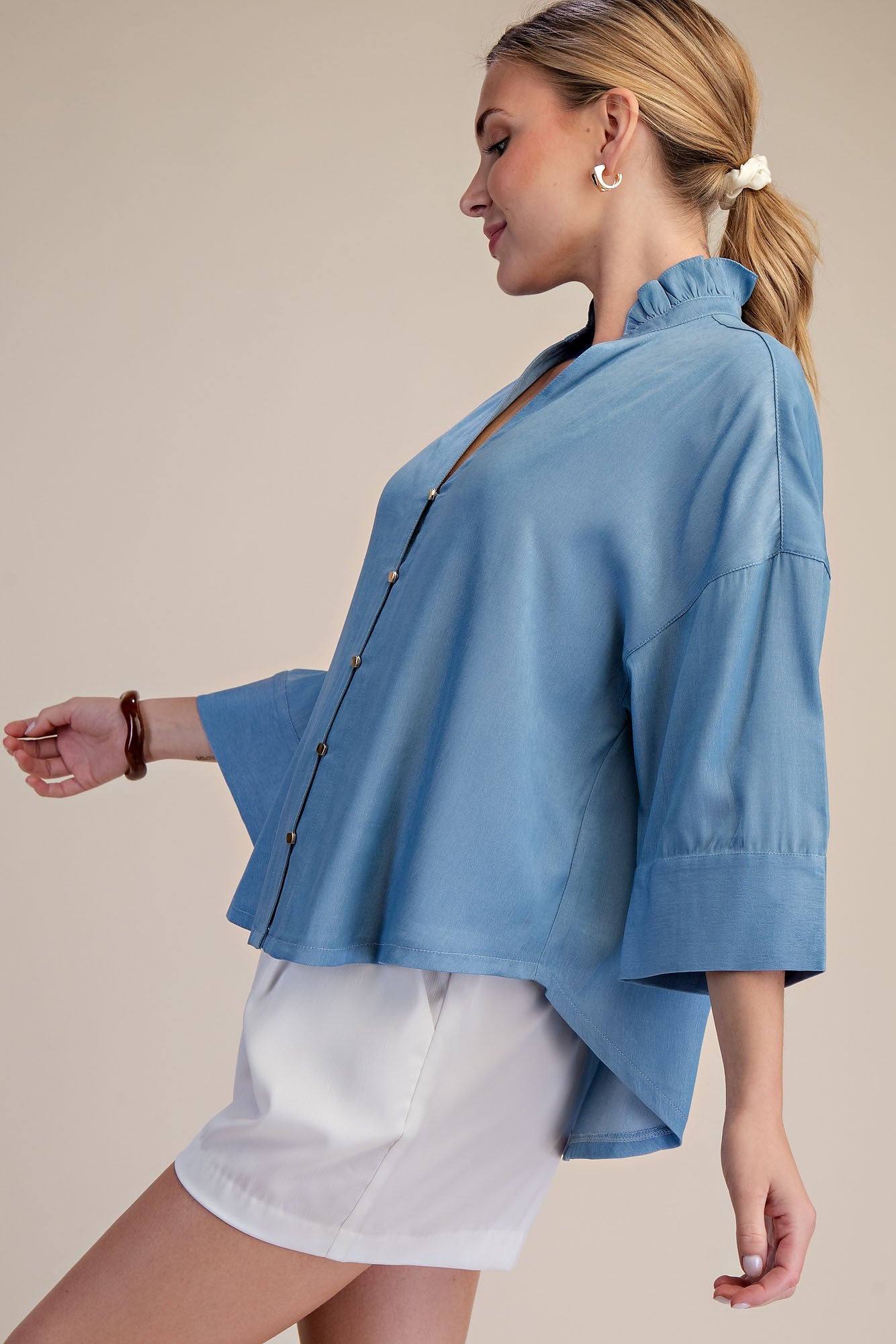 Ruffle V-neck Wide Short Sleeves Shirt - Sky
