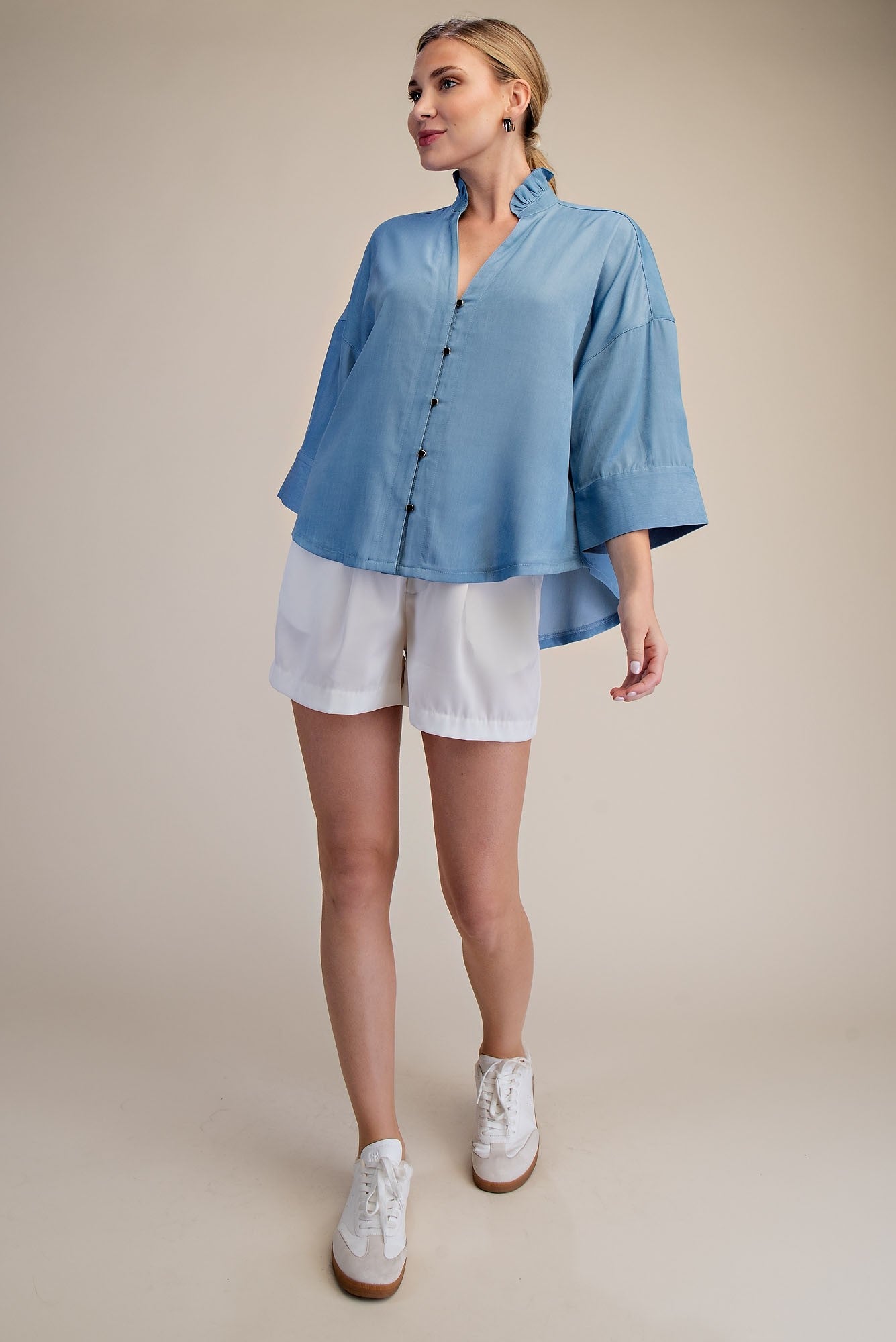 Ruffle V-neck Wide Short Sleeves Shirt - Sky