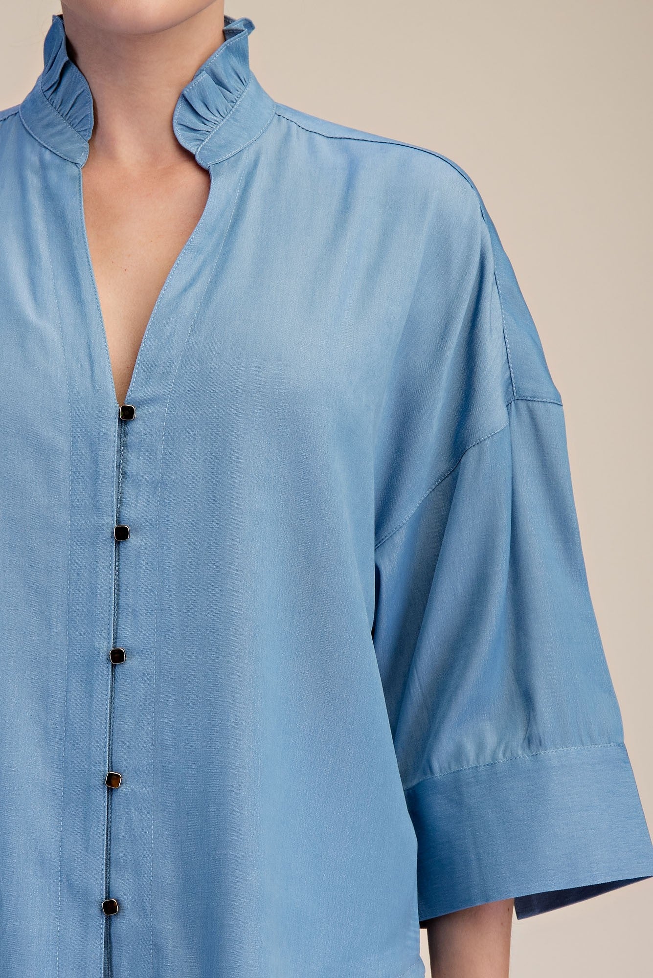 Ruffle V-neck Wide Short Sleeves Shirt - Sky