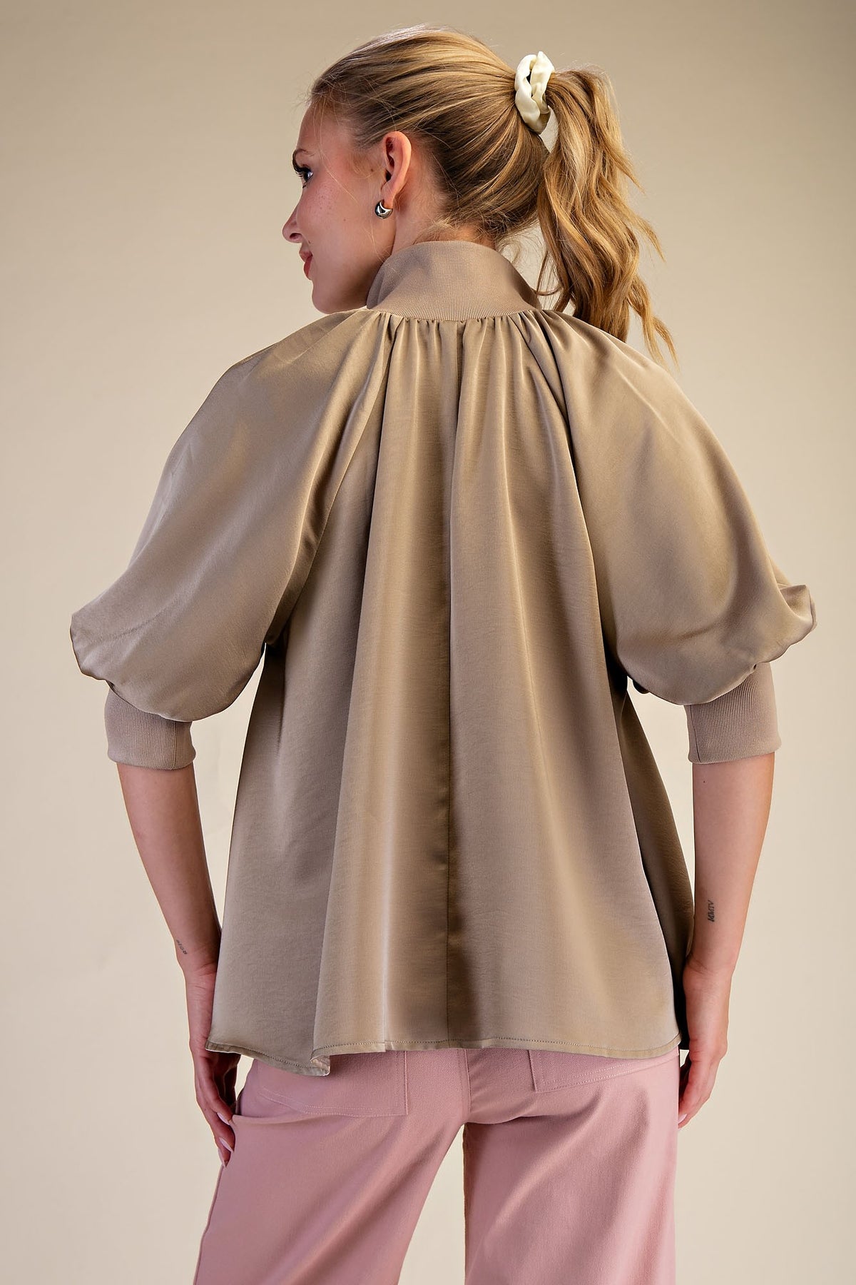Mock Neck Puff Sleeve Elegance Blouse - Mocha