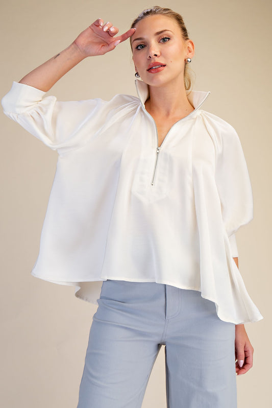 Mock Neck Puff Sleeve Elegance Blouse - Ivory