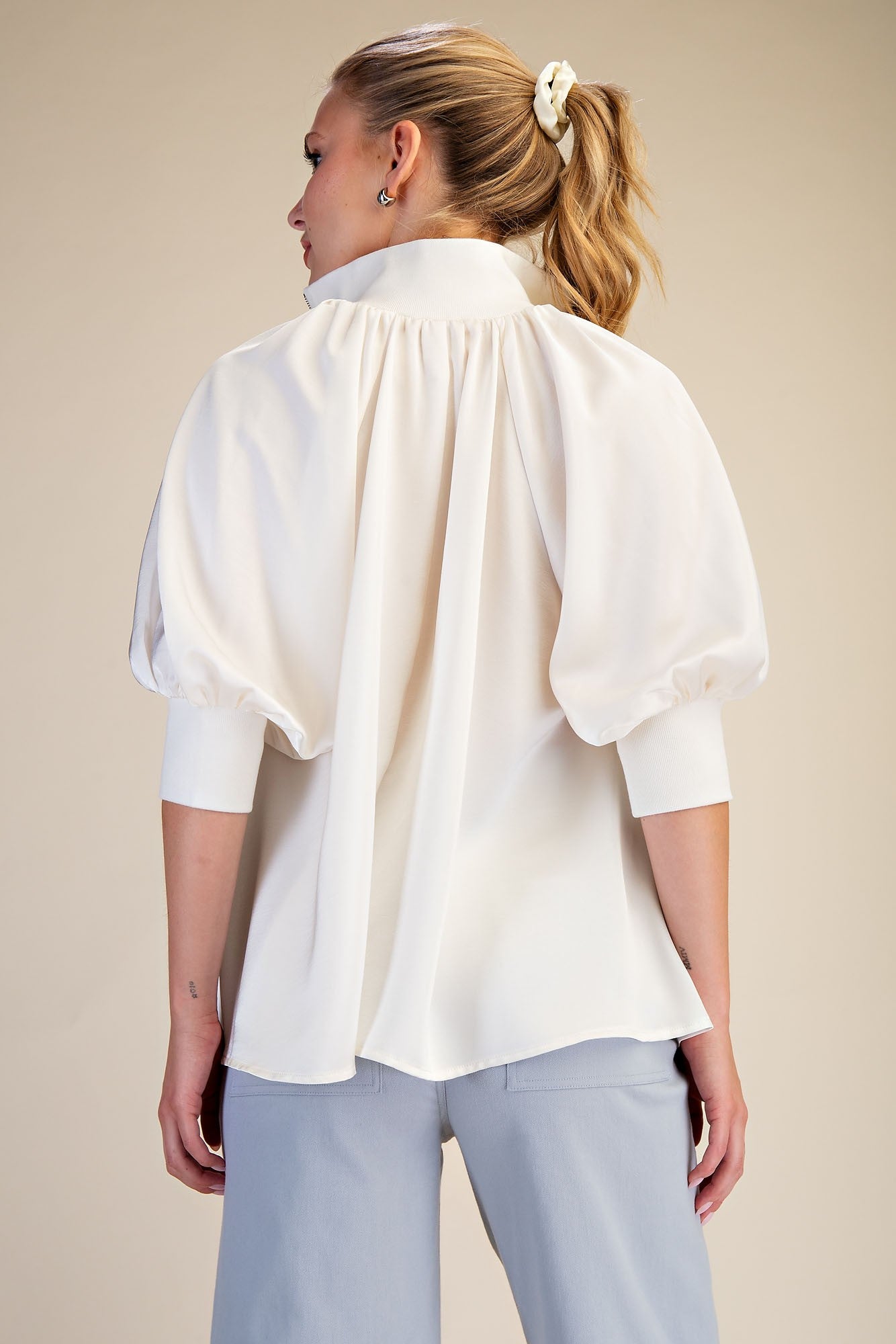 Mock Neck Puff Sleeve Elegance Blouse - Ivory