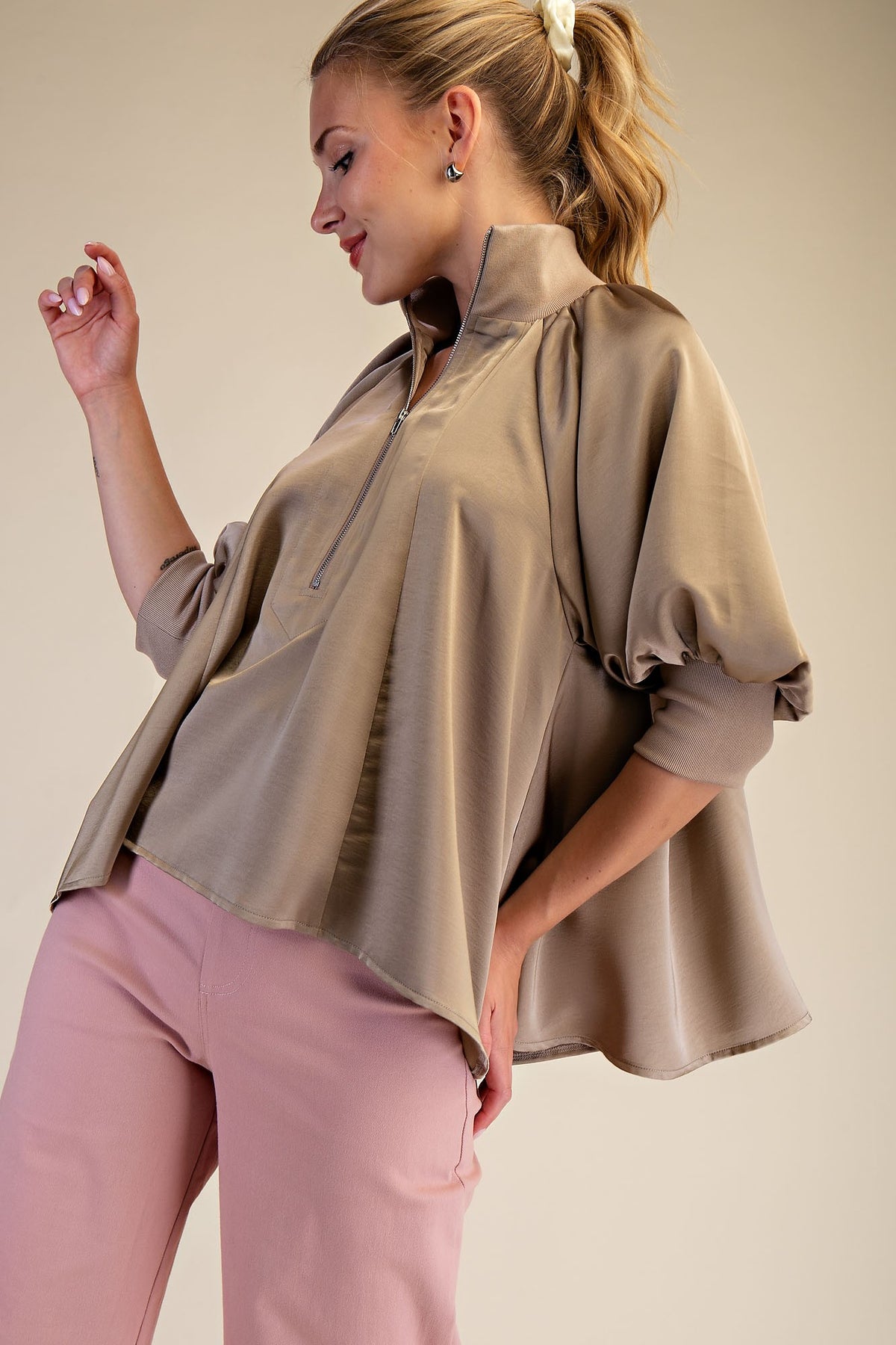 Mock Neck Puff Sleeve Elegance Blouse - Mocha