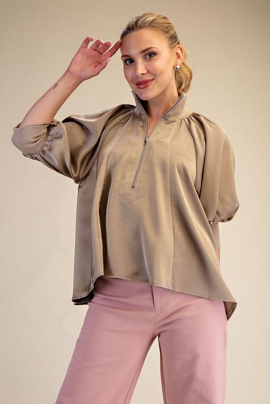 Mock Neck Puff Sleeve Elegance Blouse - Mocha
