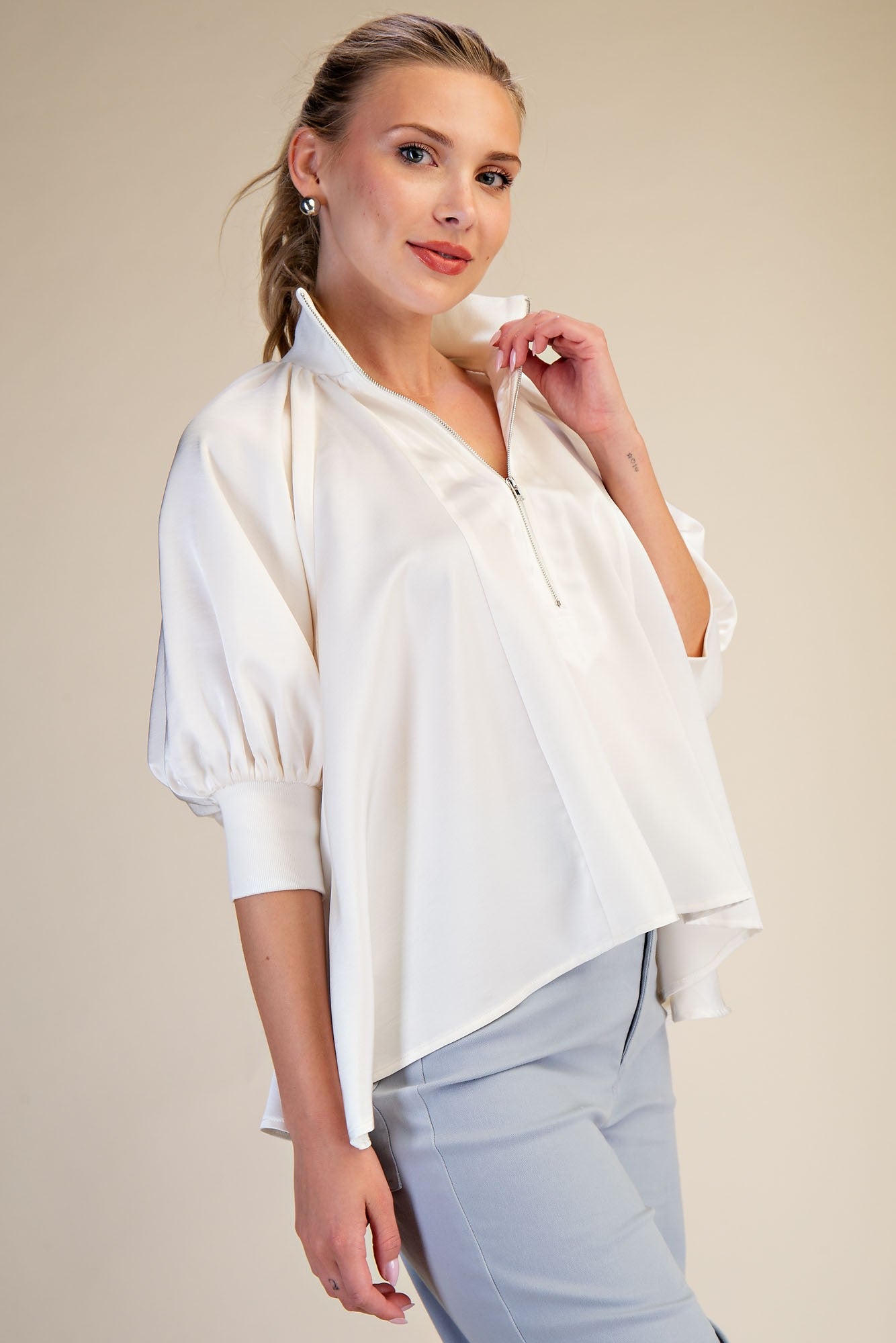 Mock Neck Puff Sleeve Elegance Blouse - Ivory