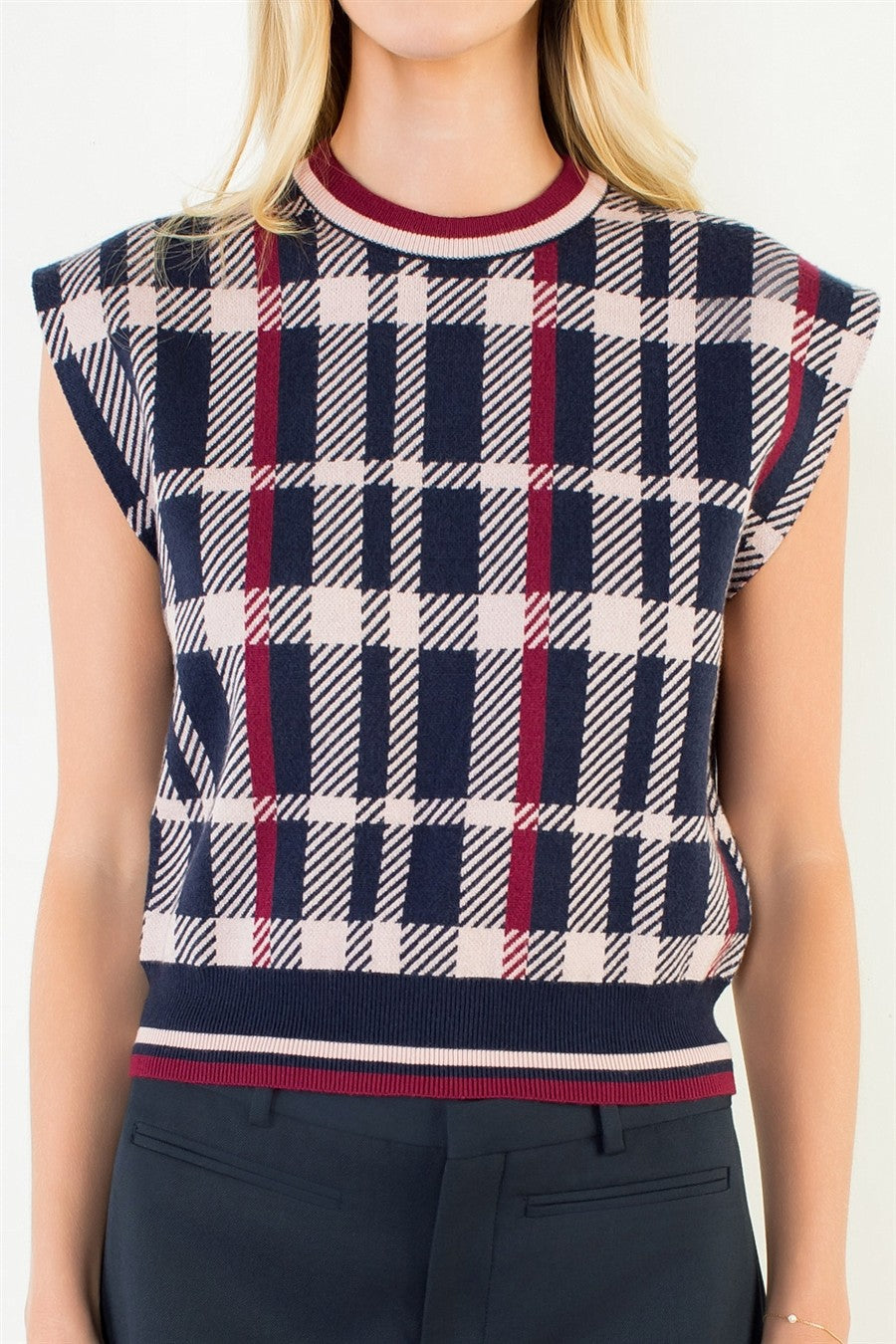 Navy Plaid Knit Sweater Vest
