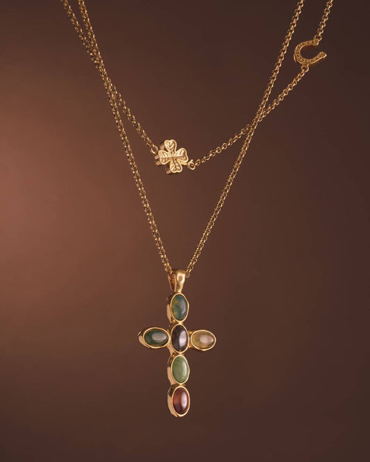 Stone Cross Waterproof Gold Necklace