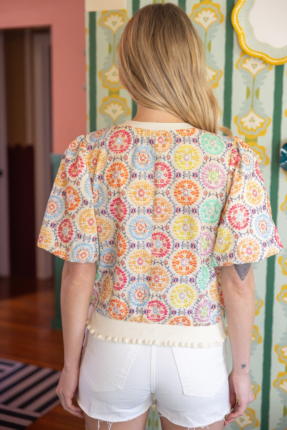 Floral Medallion Puff Sleeve Top