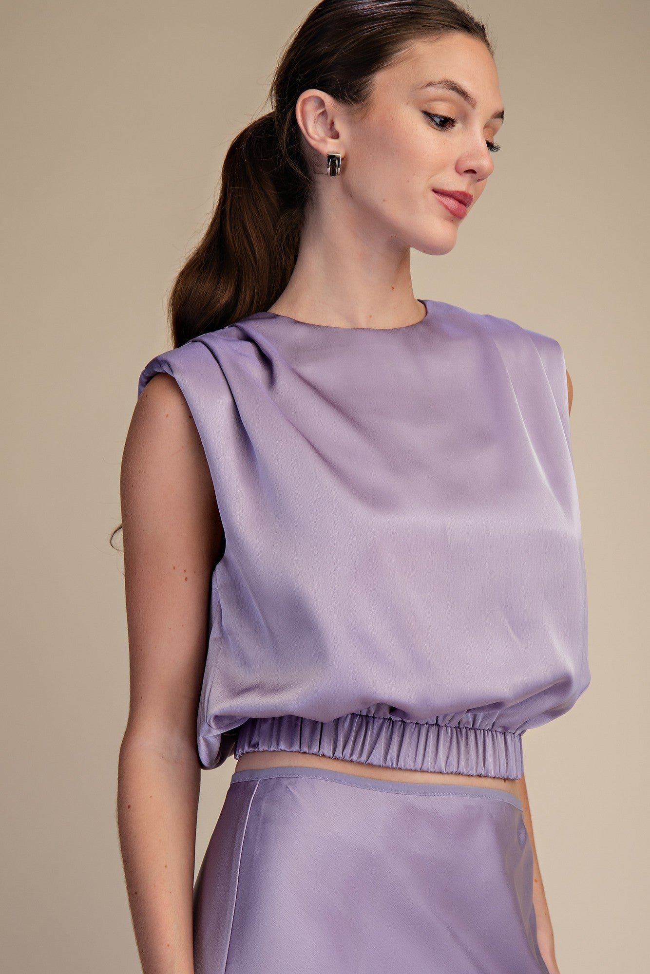 Round Neck Shoulder Pad Top - Purple