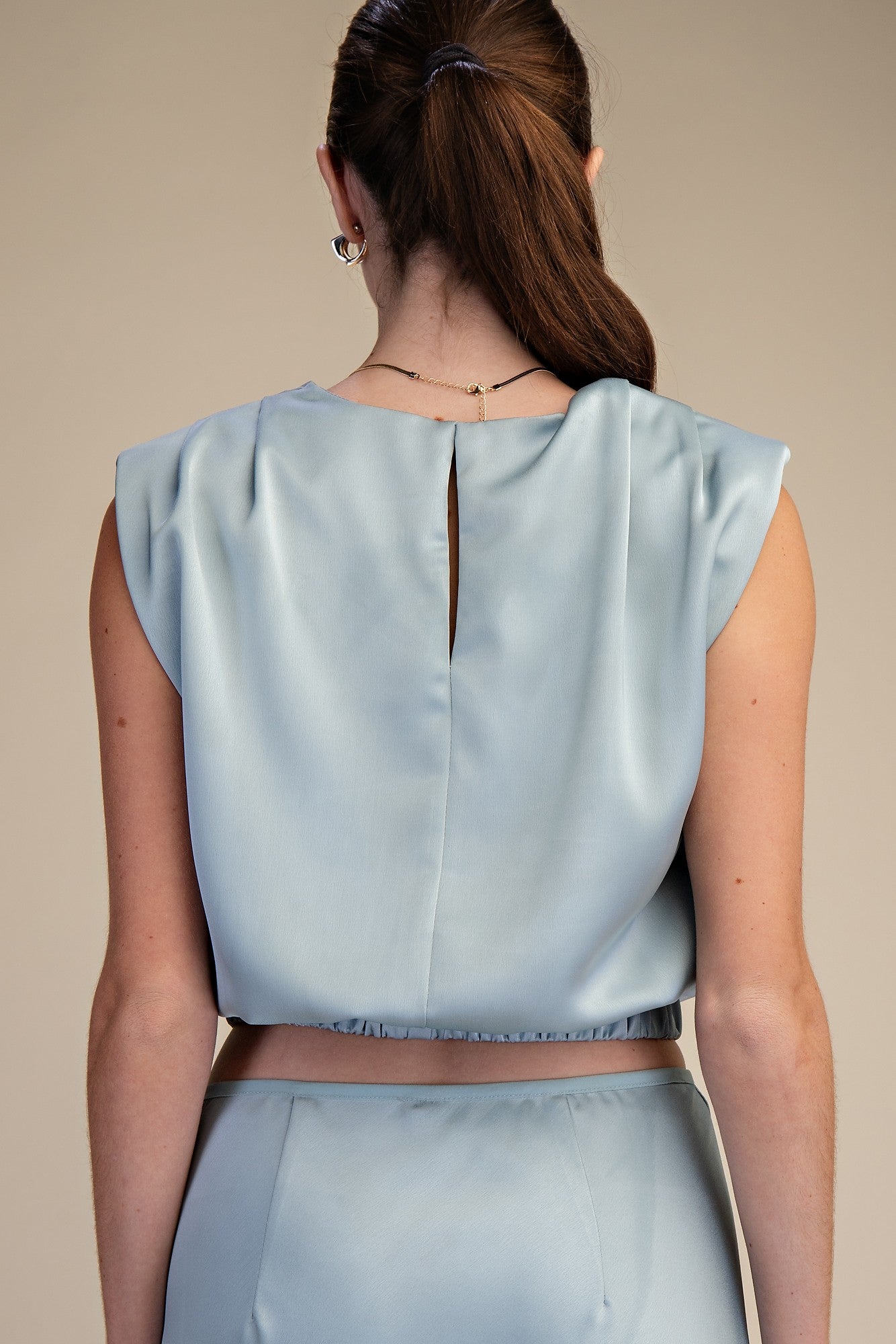 Round Neck Shoulder Pad Top - Dusty Blue