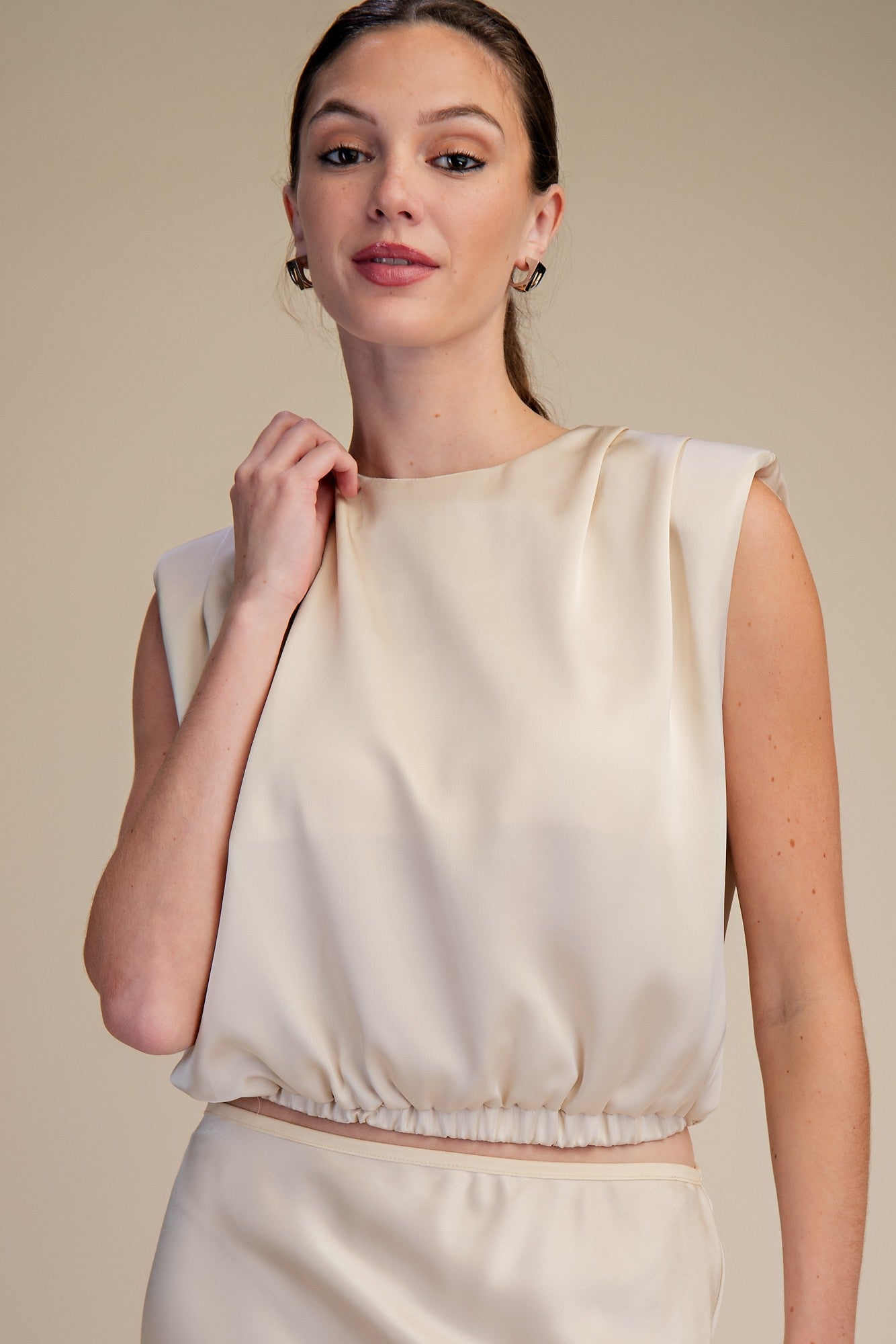 Round Neck Shoulder Pad Top - Cream