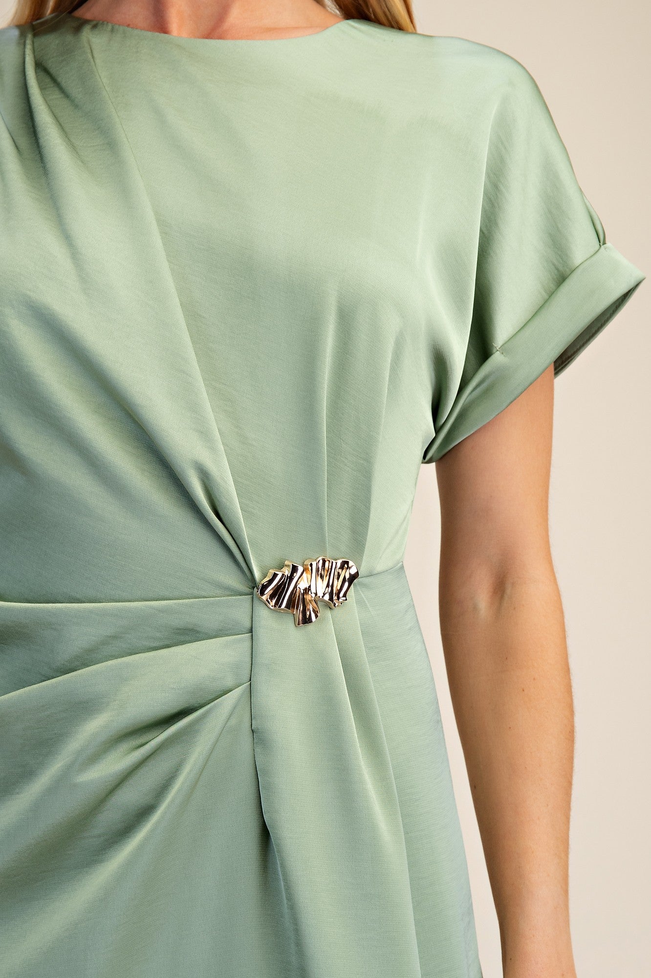 Gathered Metal Trim Midi Dress - Sage