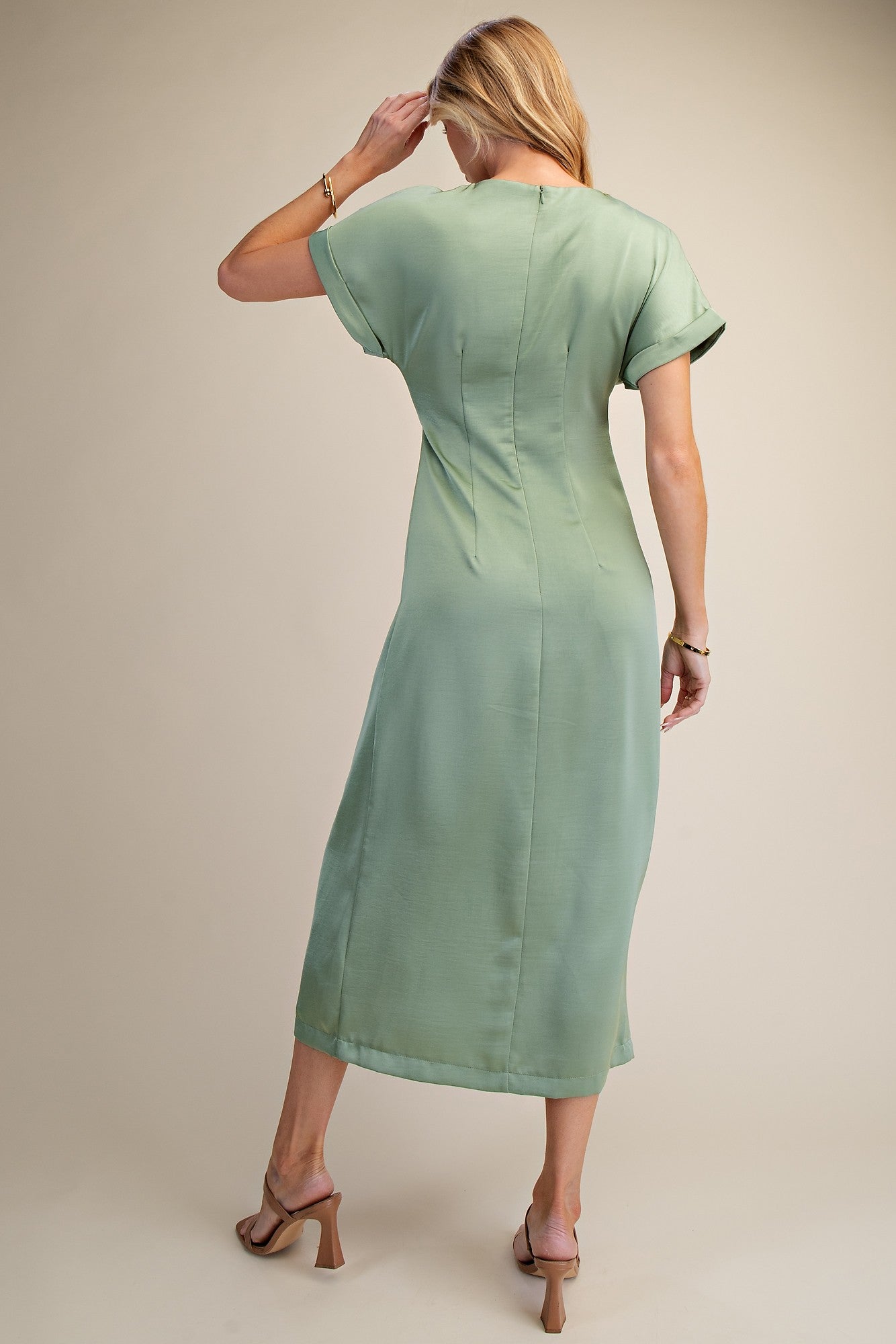 Gathered Metal Trim Midi Dress - Sage