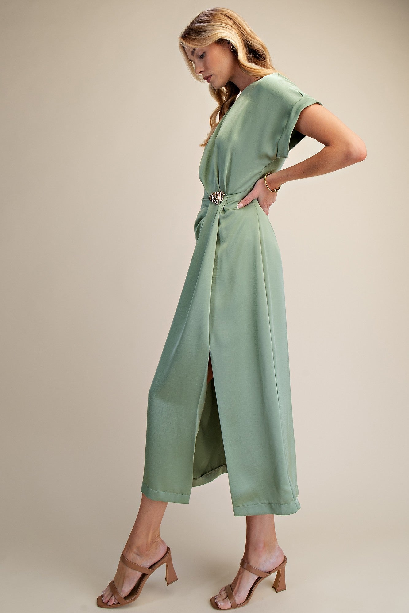 Gathered Metal Trim Midi Dress - Sage