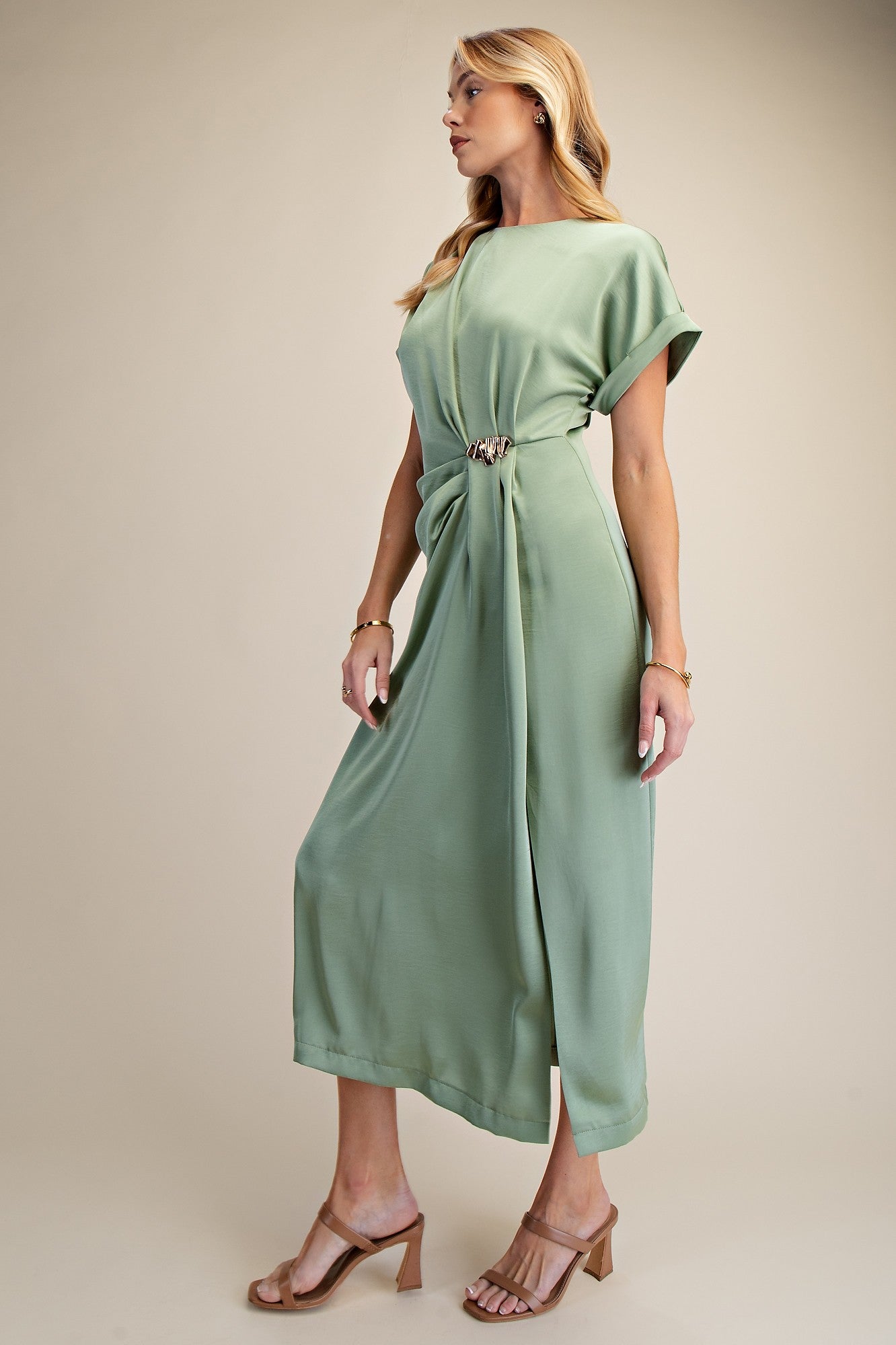 Gathered Metal Trim Midi Dress - Sage