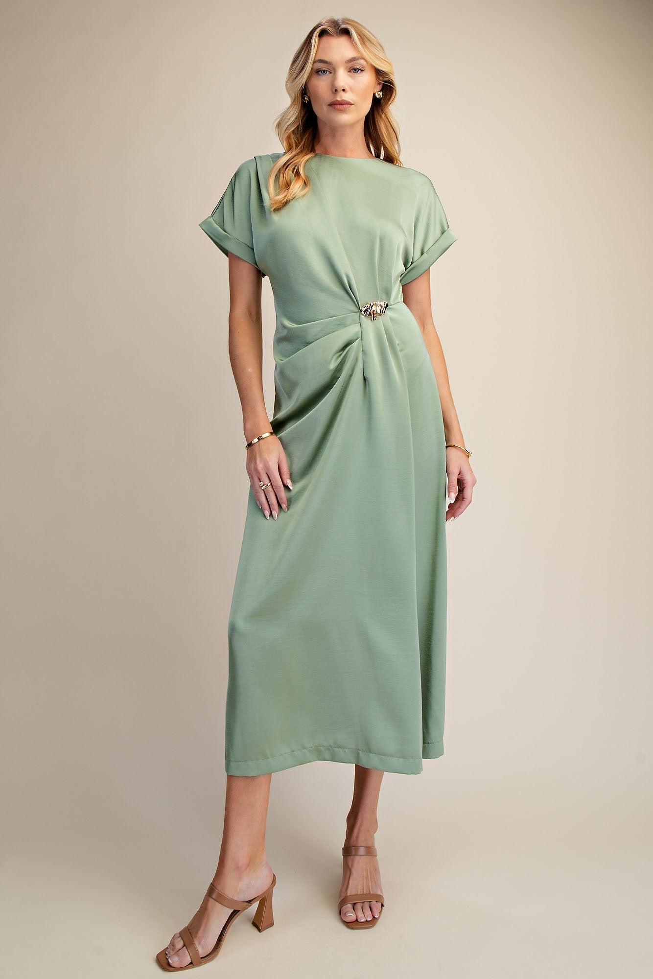 Gathered Metal Trim Midi Dress - Sage