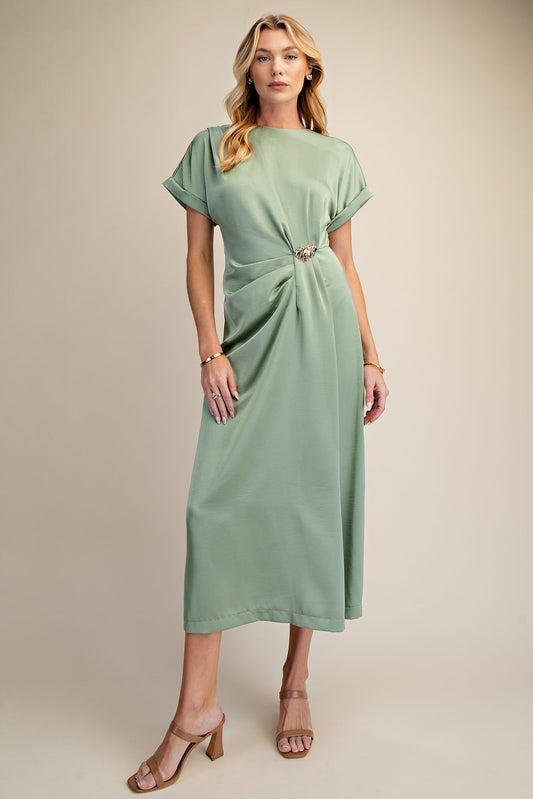Gathered Metal Trim Midi Dress - Sage