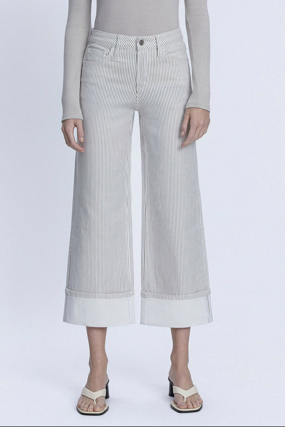 High Rise Stripe Print Cuffed Crop Wide Jeans
