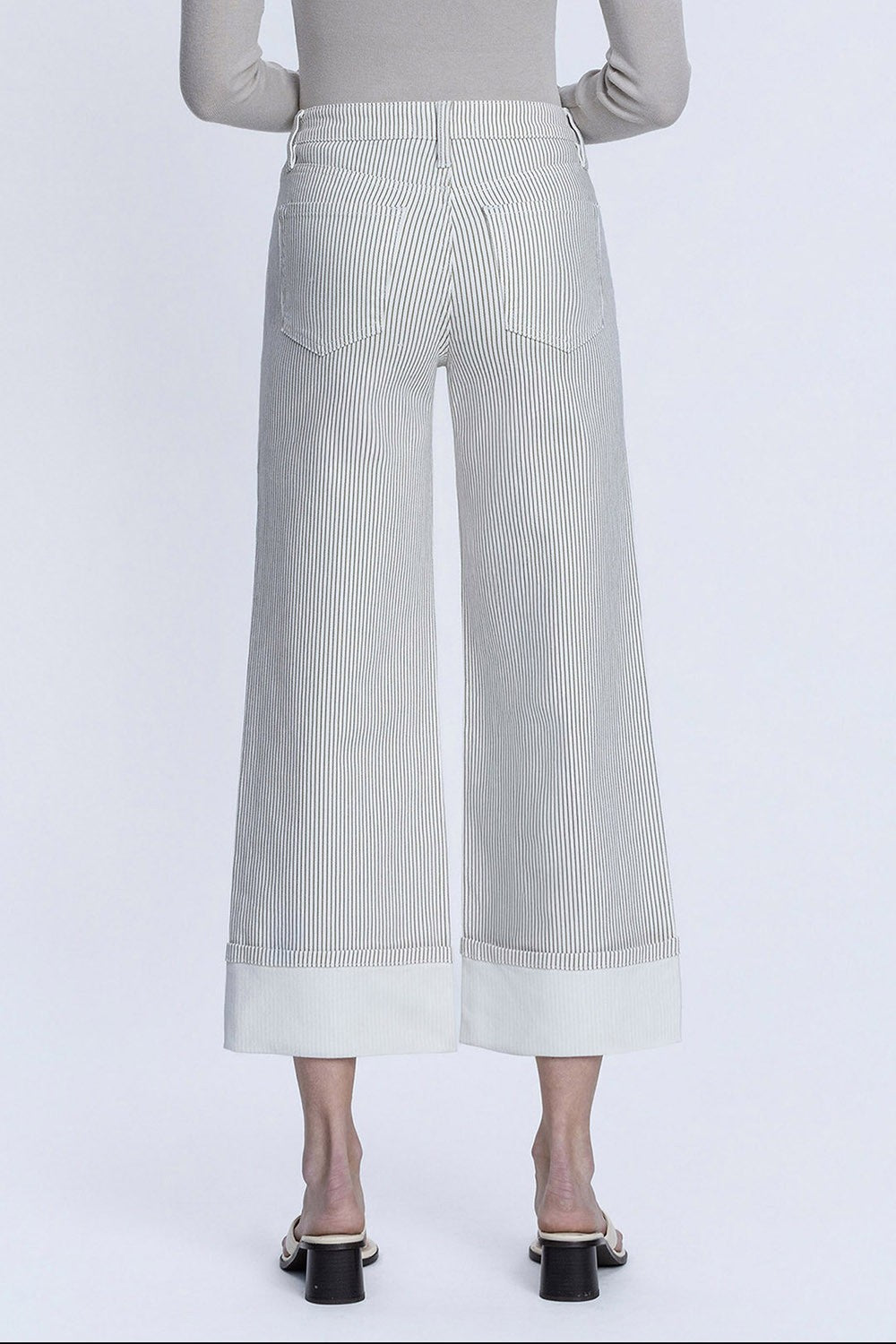 High Rise Stripe Print Cuffed Crop Wide Jeans