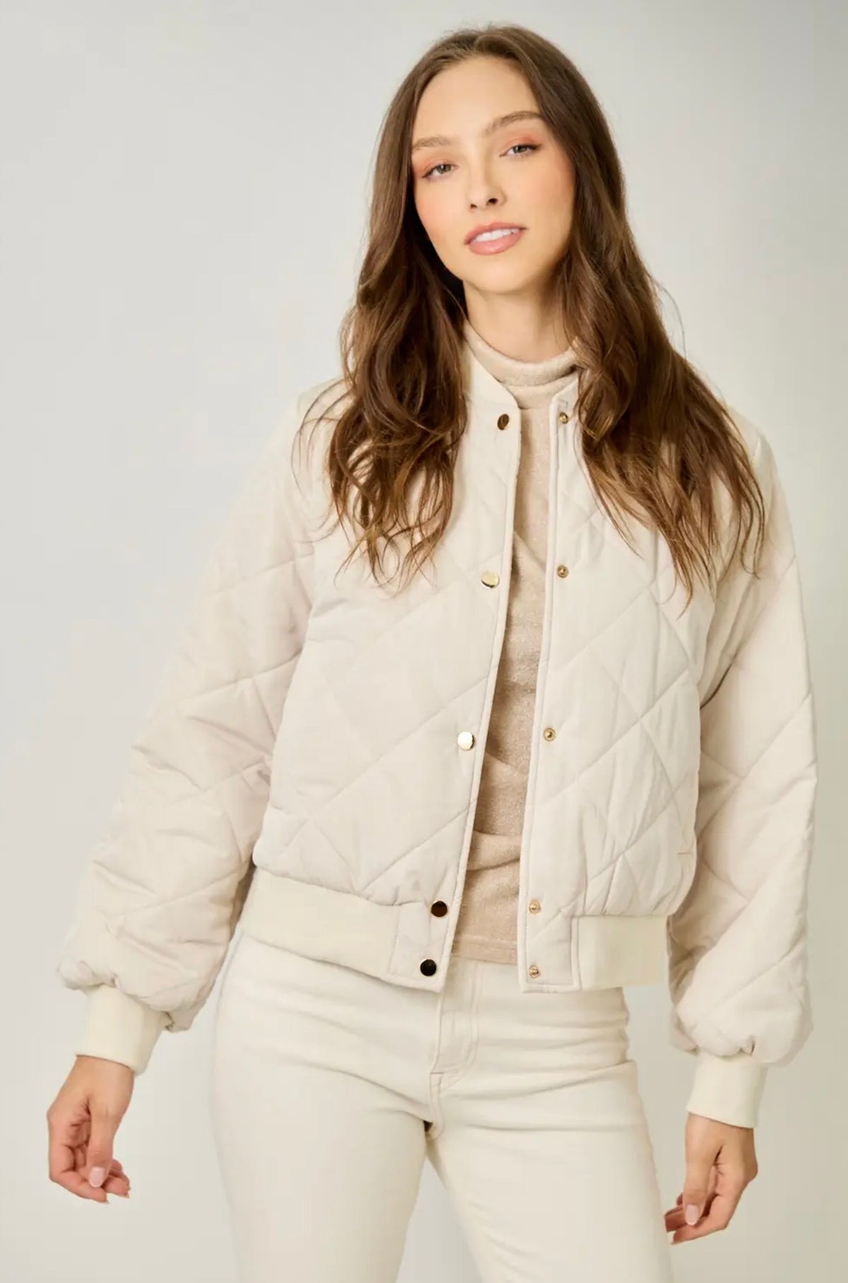 Ivory Quilted Bomber Jacket